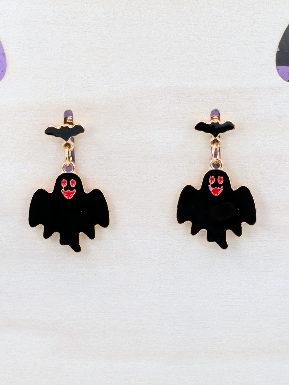 Enamel Black & Red Ghost Stud Drop Earrings